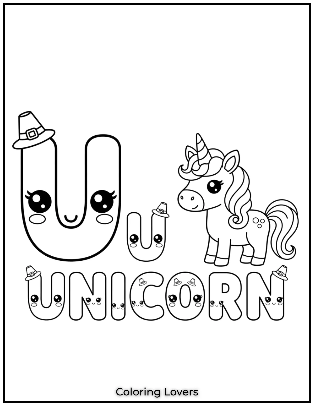 Letter U unicorn cream coloring page for preschoolers