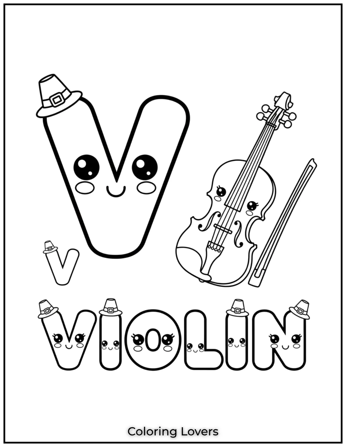 Letter V violin coloring page for preschoolers