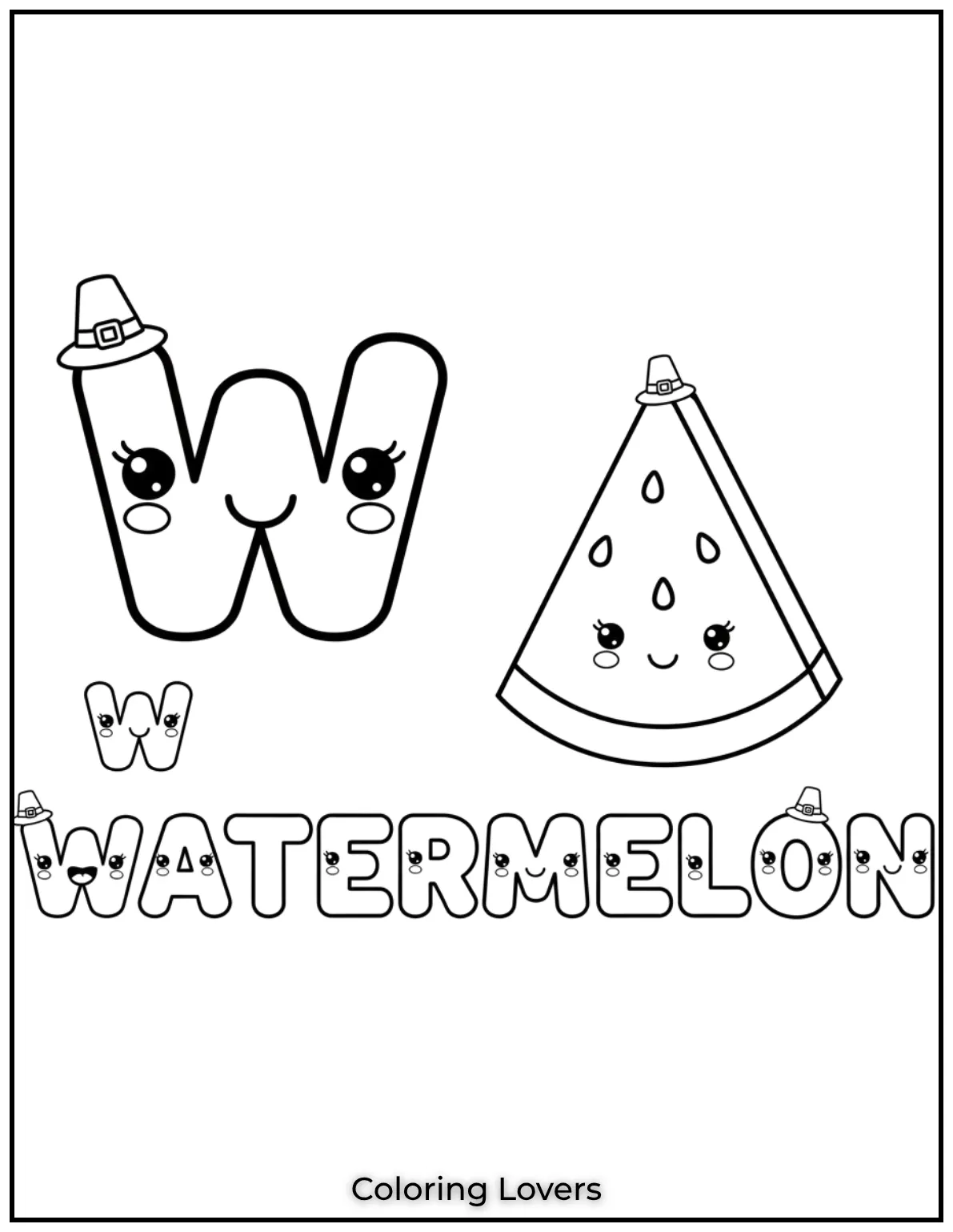 Letter W watermelon coloring page for preschoolers