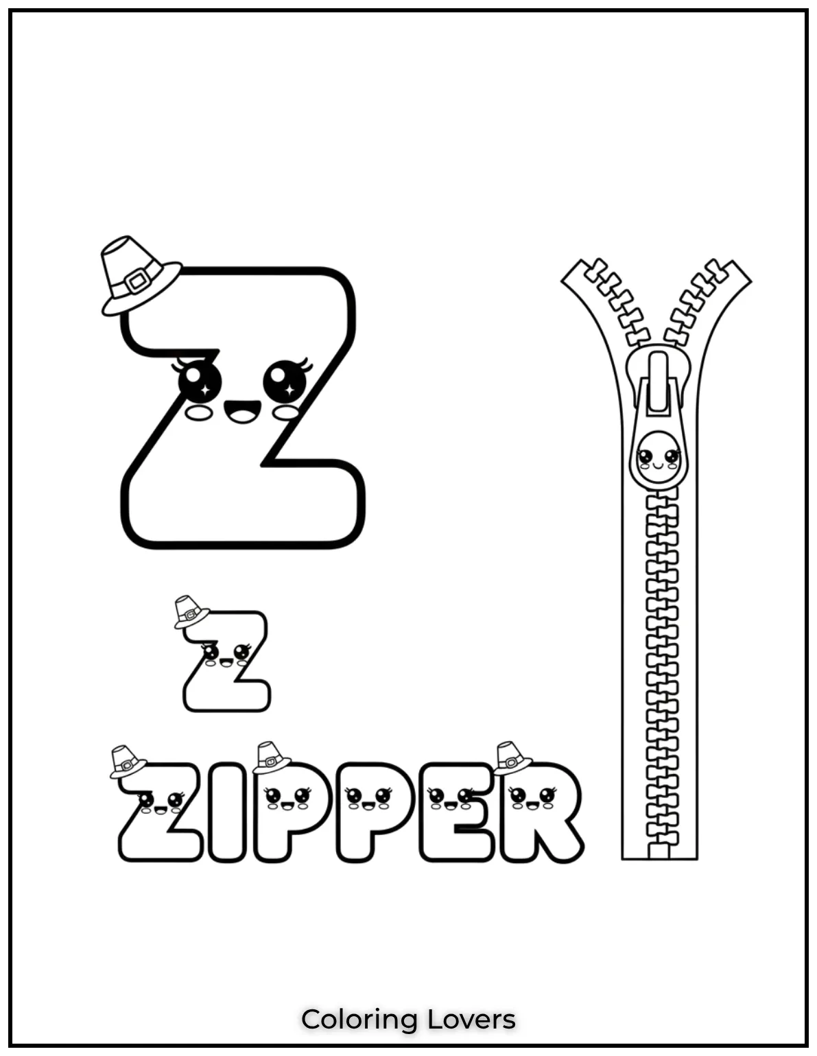 Letter Z zipper coloring page for preschoolers